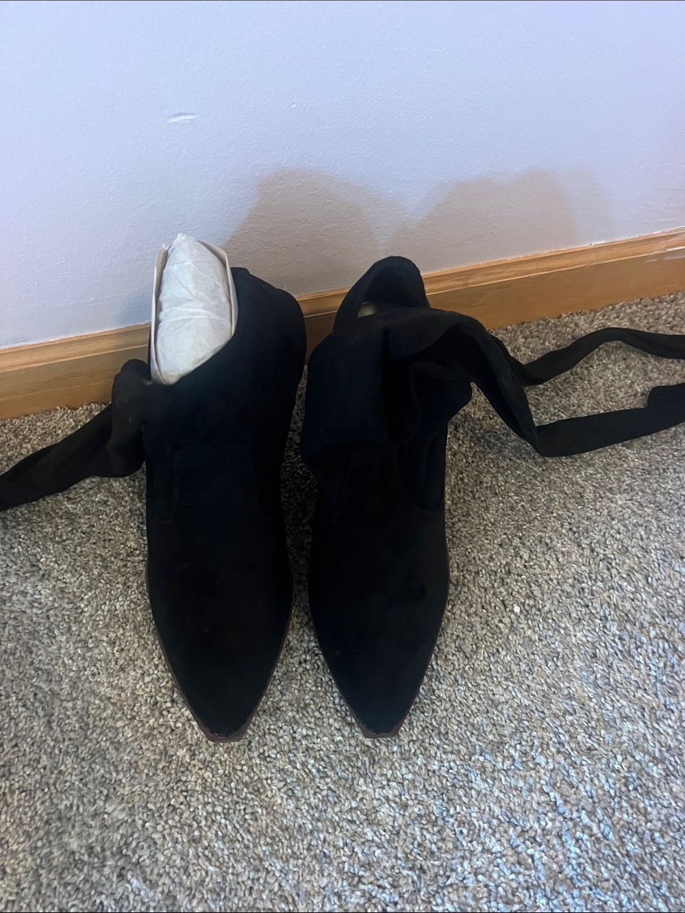 Black Women's Pointed Suede Ankle Boots with Wrap Tie